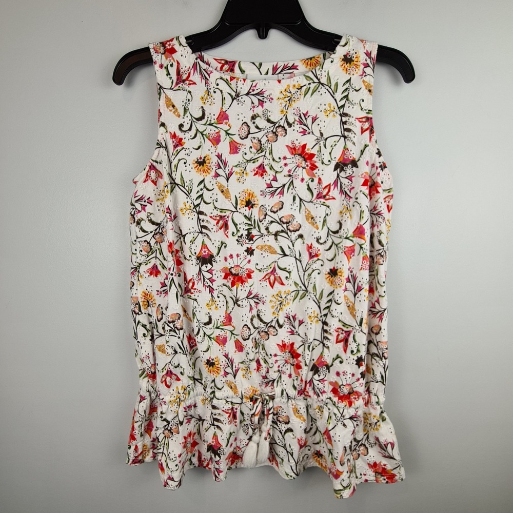 J. Jill Women Small White Floral Eyelet Peplum Top Drawstring Tassel Tie Waist